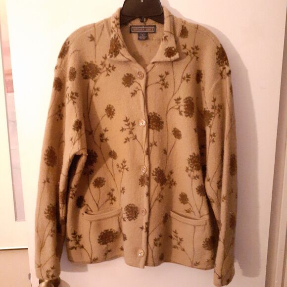 herman geist Sweaters - Herman Geist Wool Cardigan Sweater Womens Xl  Heavy Warm Jacket Tan Brown Floral